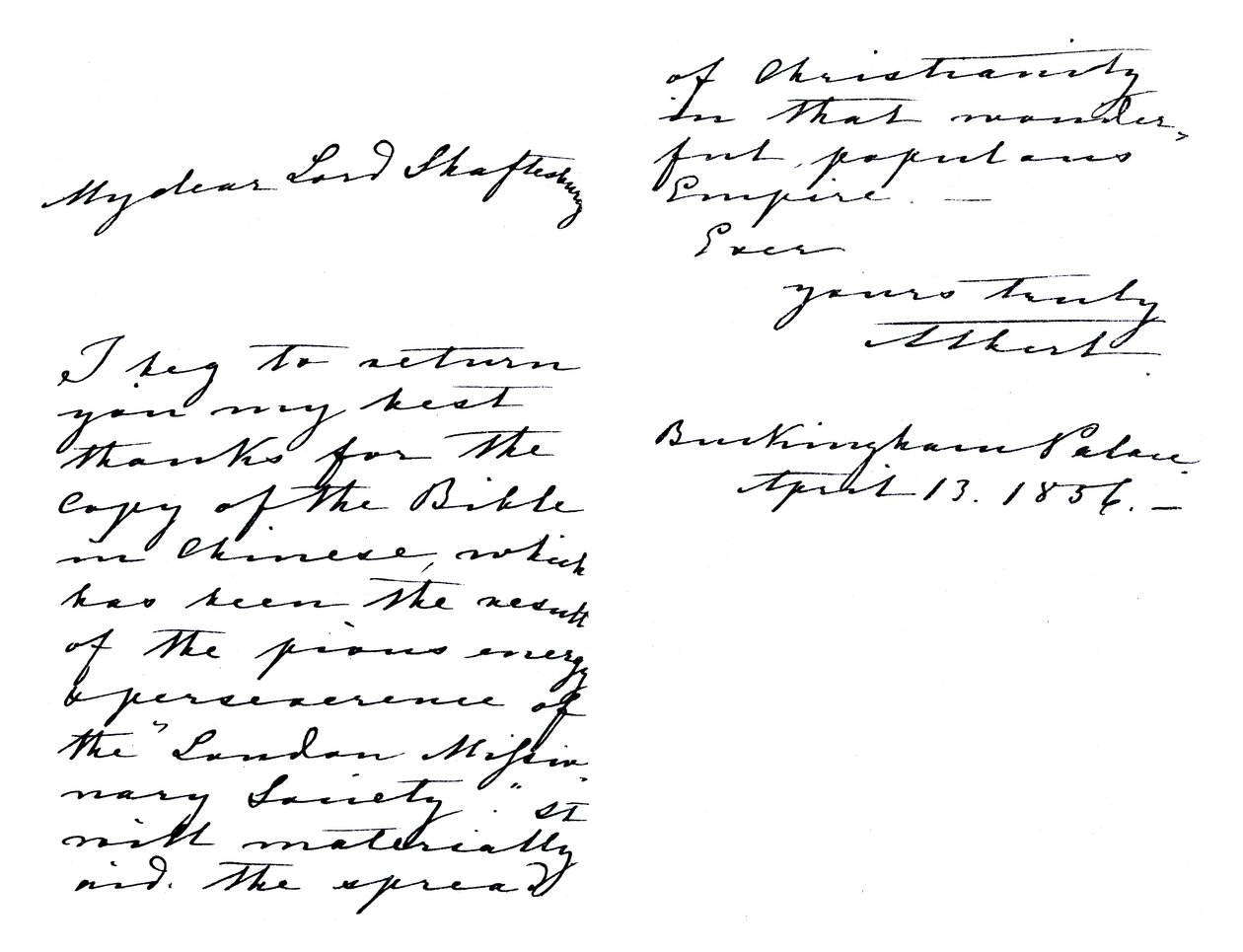Brief van Albert, prins-gemaal, aan Anthony Ashley-Cooper, graaf van Shaftesbury, waarin hij hem bedankt voor een exemplaar van de Bijbel in het Chinees, geschreven vanuit Buckingham Palace door Unbekannt