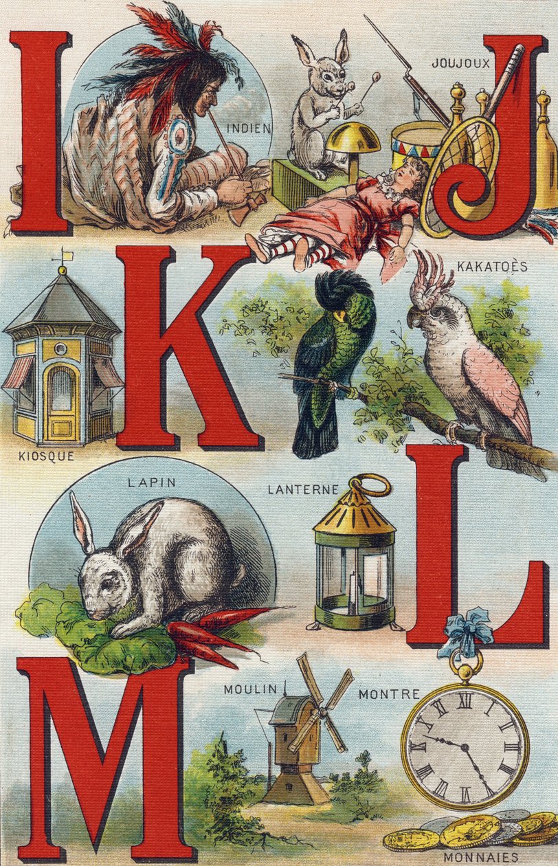 Letters I J K L; Indiaan; Joujoux; Kakatoes; Kiosk; Lantaarn; Konijn; Horloge Munten; Molen door Unbekannt