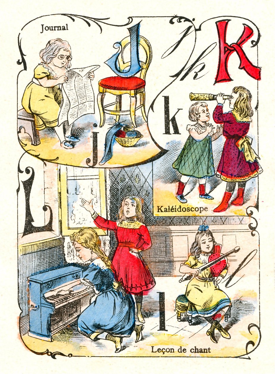 Letters J K en L zoals journaal, caleidoscoop en zingende les. Gravure in "Leuk Alfabet". Beelden van Pont-a-Mousson. Druk en uitgave Louis Vagne, eind 19e eeuw. door Unbekannt