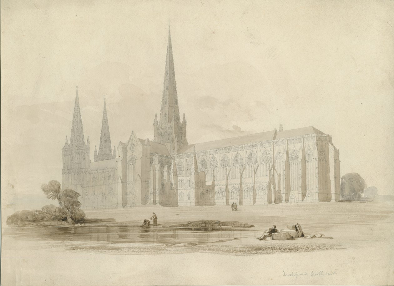 Lichfield Cathedral - Zuidoostaanzicht: tekening en was, nd [?19e eeuw] door Unbekannt