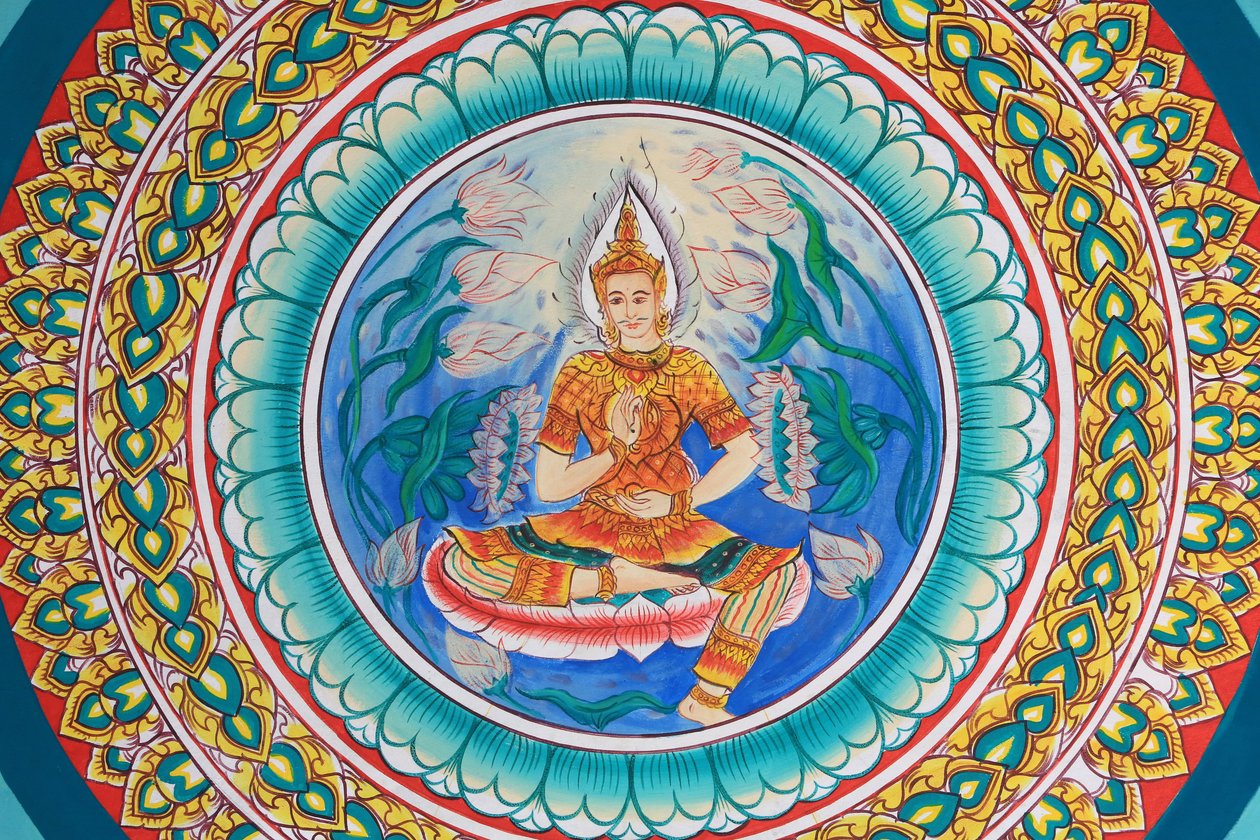Leven van Boeddha. Plafondkunstwerk dat het leven van Boeddha uitbeeldt. Wat Inpeng. Vientiane. Laos, 20151029, Vientiane, Laos door Unbekannt