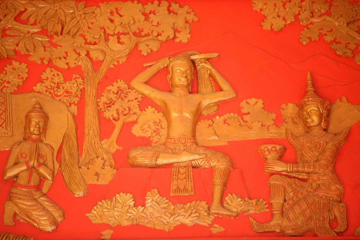 Leven van de Boeddha. De Grote Tonsuur: de Boeddha knipt zijn haar met zijn zwaard. Phnom Penh Cambodja door Unbekannt