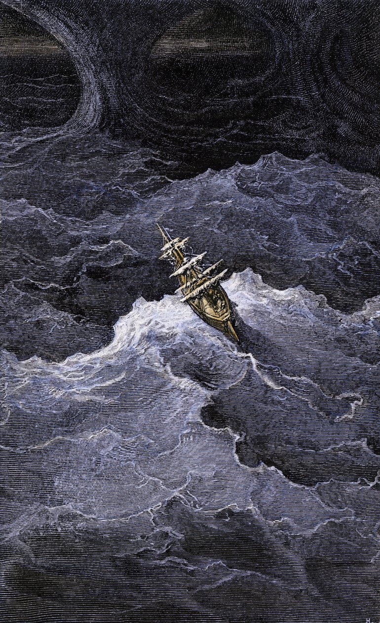 Literatuur: Boot in het midden van de zee. Illustratie van de roman door Samuel Taylor Coleridge (1772-1834) 