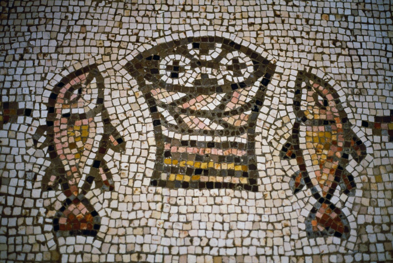 Broden en vissen, mozaïek in de kerk van de Vermenigvuldiging, 4e eeuw, Tabgha, Israël door William M. Timlin
