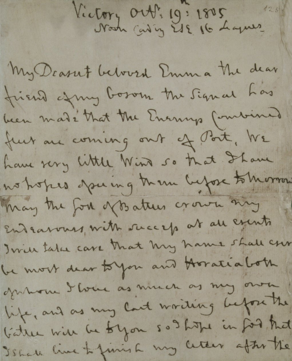 Laatste brief van Lord Nelson (1758-1805) aan Emma Hamilton, geschreven vanaf de 