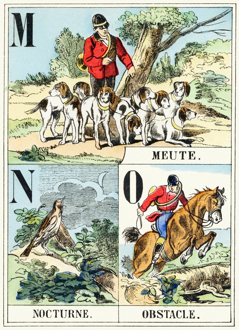 M N O: Meute, Nocturne, Obstacle - Het Jachtalfabet, ca. 1890 (gravure) door Unbekannt