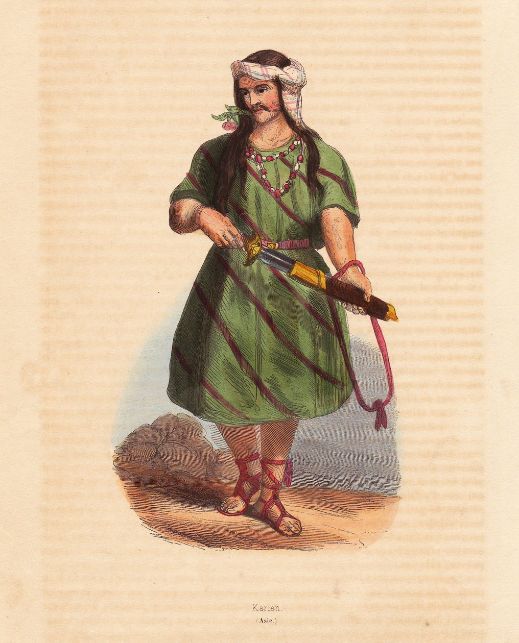 Man van de Karen stam (Karene of Karyang) (Birma, Myanmar) - Man van de Karen (Karian) stam uit Zuid-Birma - Handgekleurde houtsnede uit “Mores, Uses et Costumes de tous les Peoples du Monde, Asia,” door Auguste Wahlen, pseudoniem van Jean Francois Nicol door Unbekannter Künstler