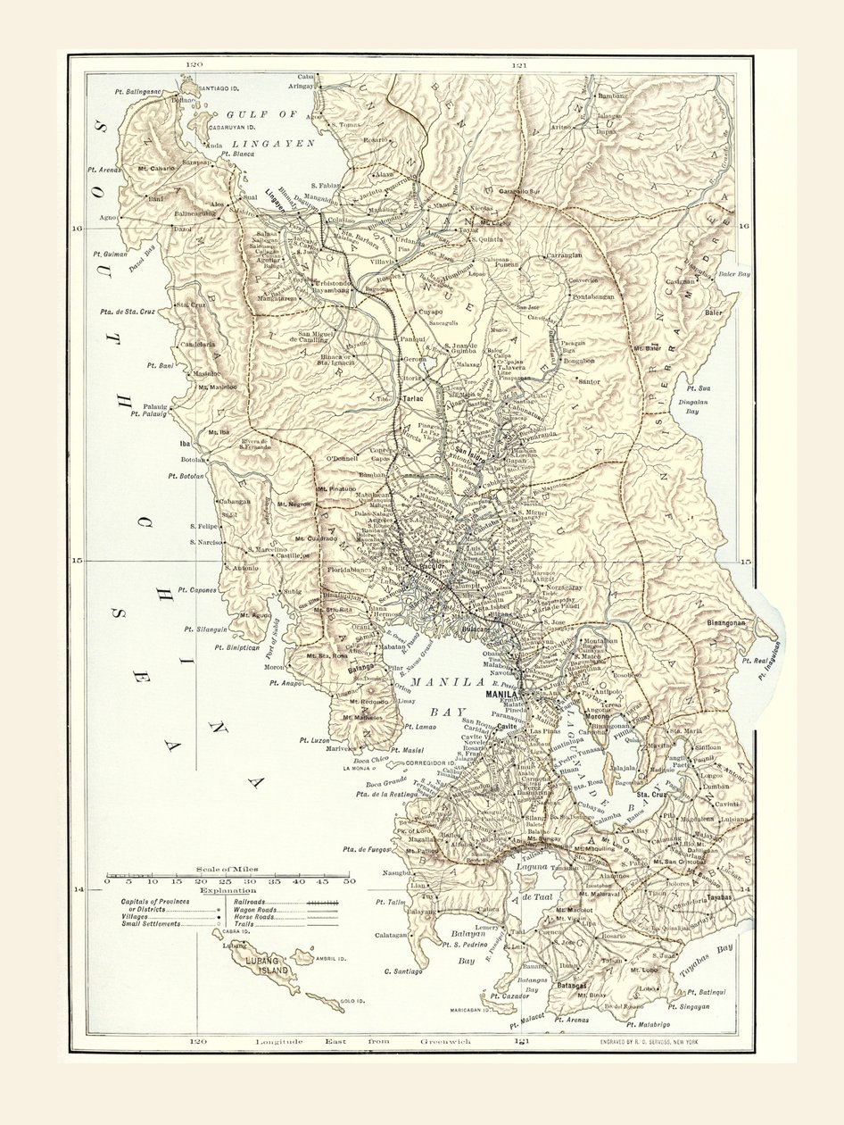 Kaart van Manilla, Filippijnen en het oorlogsgebied tijdens de Spaans-Amerikaanse Oorlog van 1898 door Unbekannt