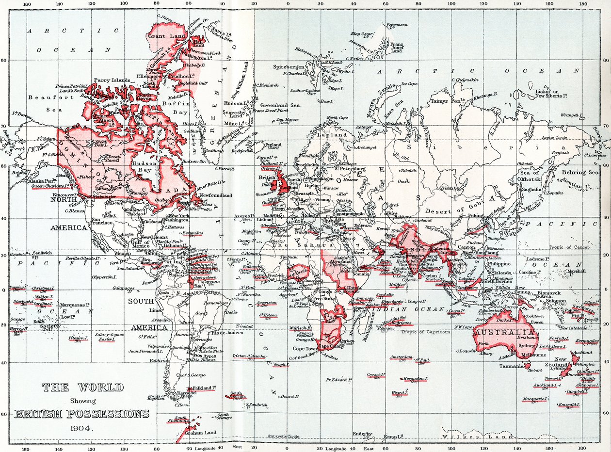 Kaart van de wereld met Britse bezittingen in 1904 door Unbekannt