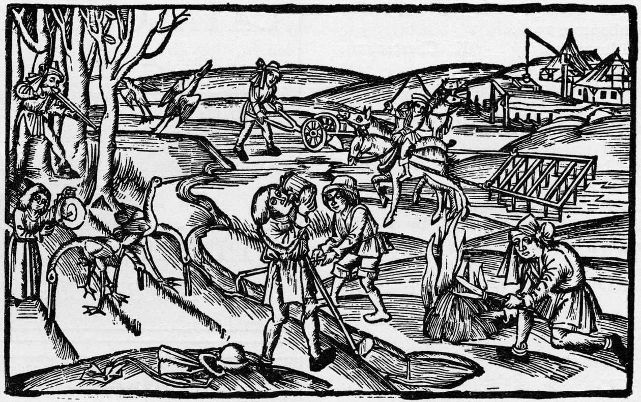 Middeleeuws landelijk leven uit 16e-eeuwse gravure, gepubliceerd in 1931 door Unbekannter Künstler