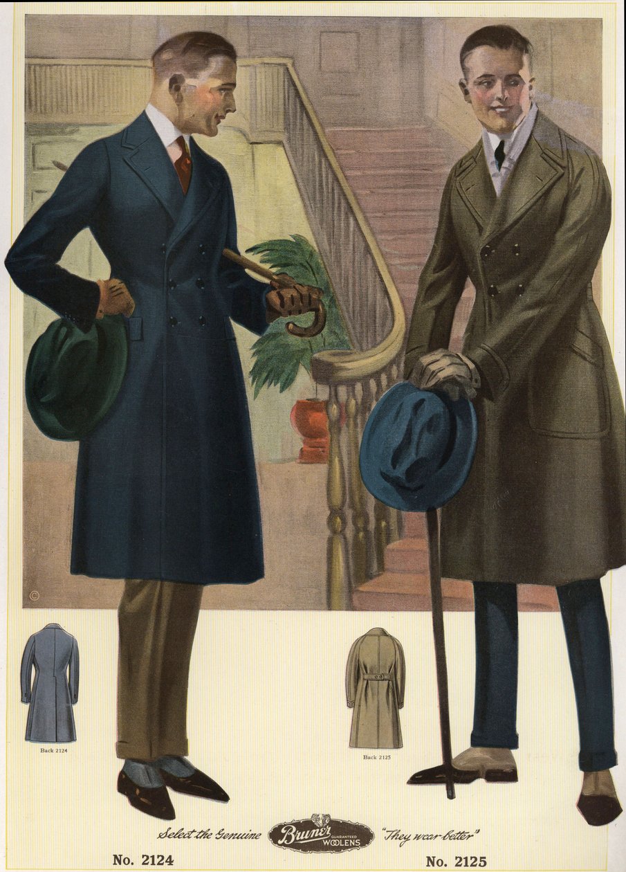Mannenmode 1920 - Mannen in dubbelrijige jassen met wandelstokken en hoeden, dragend spats door Unbekannter Künstler