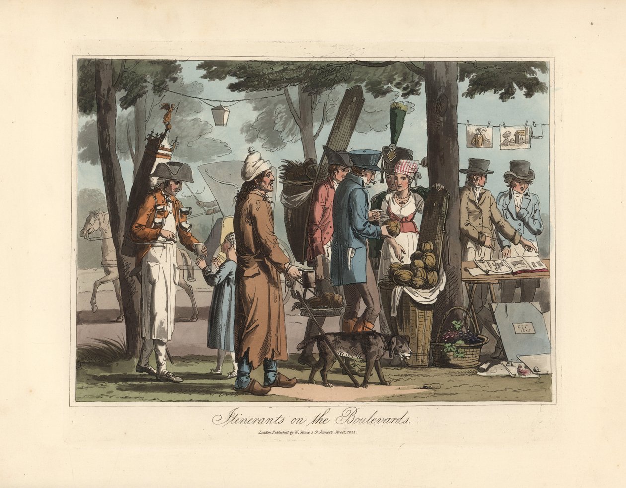 Rondreizende kooplieden op de boulevards, een verkoper van kruidenthee met zijn vat op zijn rug, een blinde man met zijn hond, een drager en een verkoper van prenten - Ets naar een illustratie van Victor Auver, uit 