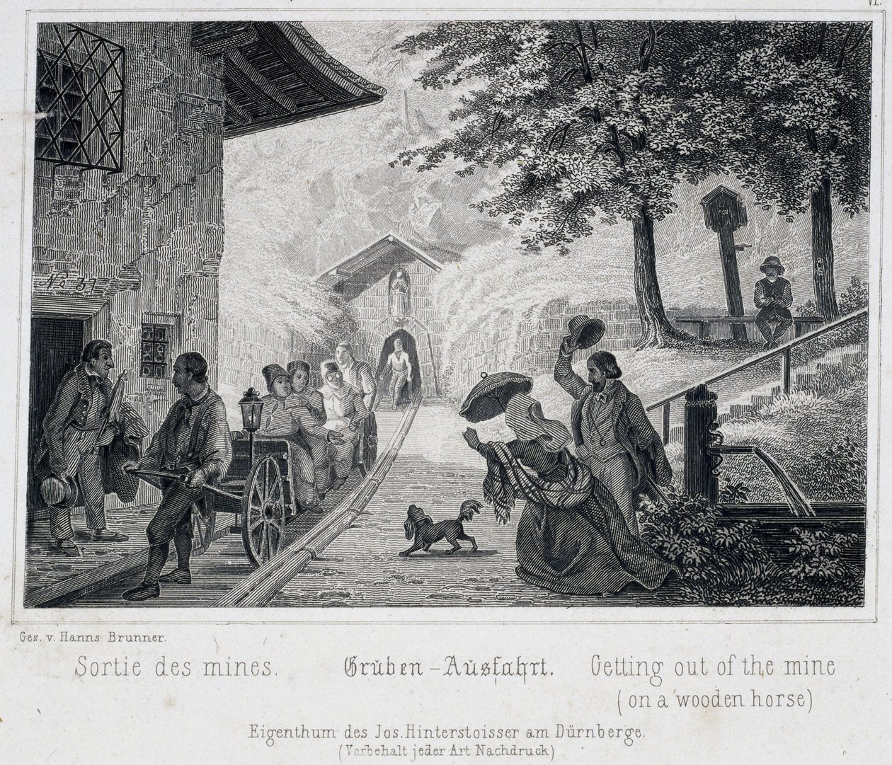 Zoutmijn: de uitgang van de toeristen uit de mijn op een houten voertuig getrokken op rails, in Durrnburg, Oostenrijk, rond 1850 door Unbekannt