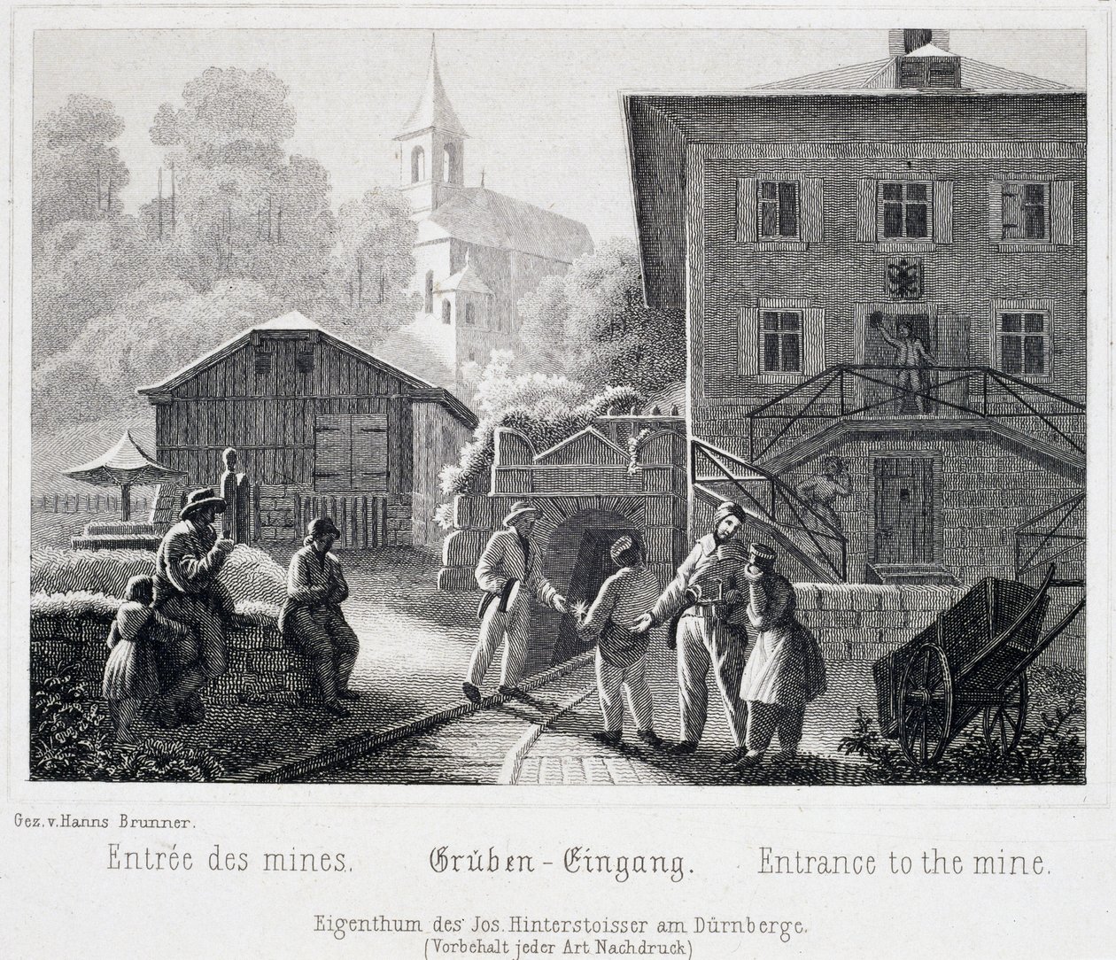 Zoutmijn: de ingang van de mijn, in Durrnberg, Oostenrijk, rond 1850 door Unbekannt