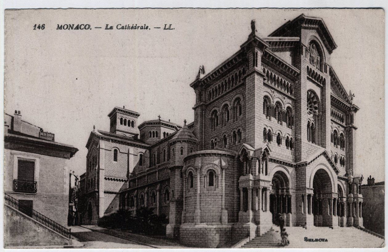 Monaco: buitenaanzicht van de Kathedraal Notre Dame Immaculee (Notre-Dame-Immaculee) - Ansichtkaart eind 19e-20e eeuw door William M. Timlin