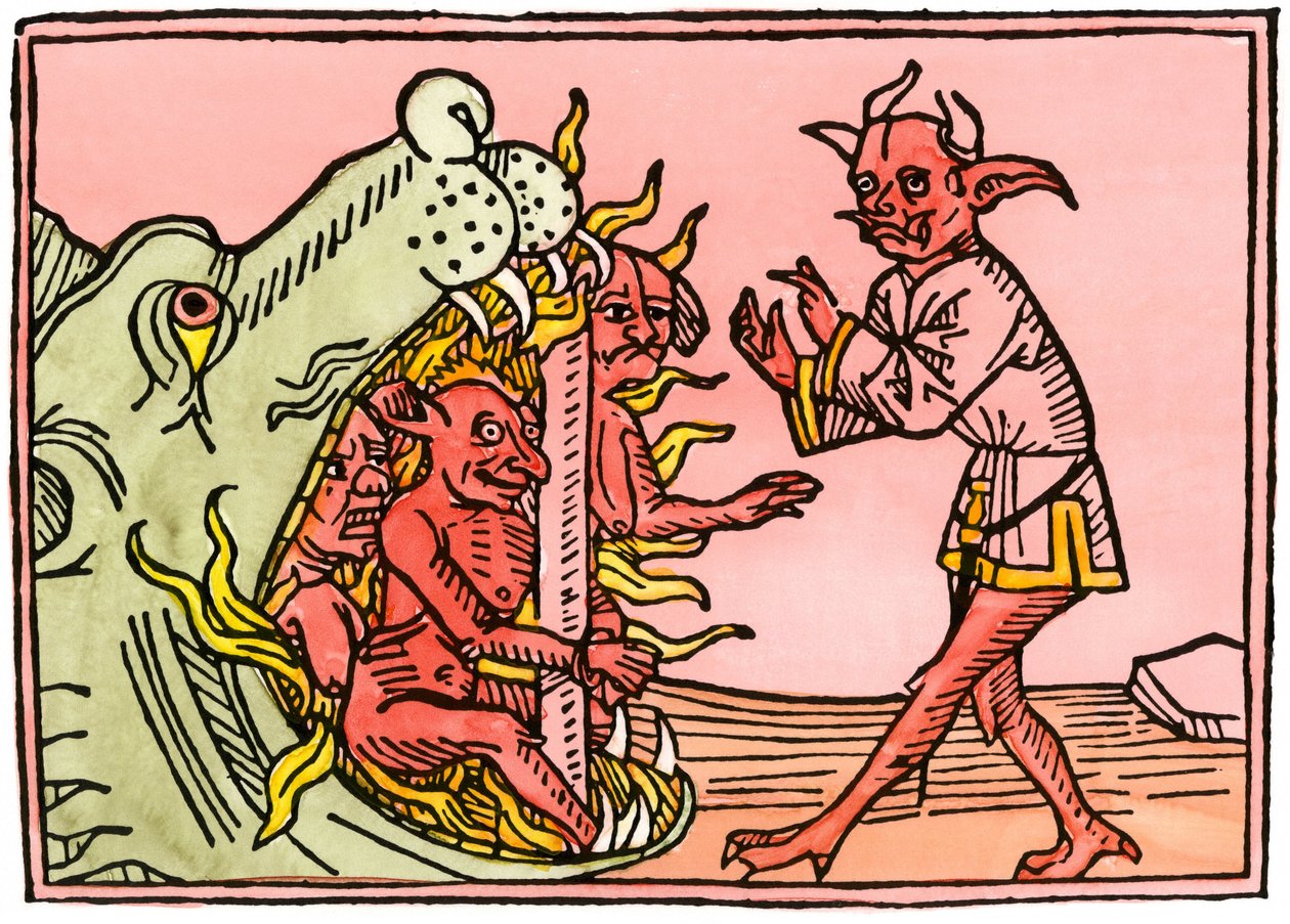 Mythen en legendes: Drakenmond in de hel brandende demonen. Kleurengraving uit een editie van Augsburg door Unbekannter Künstler