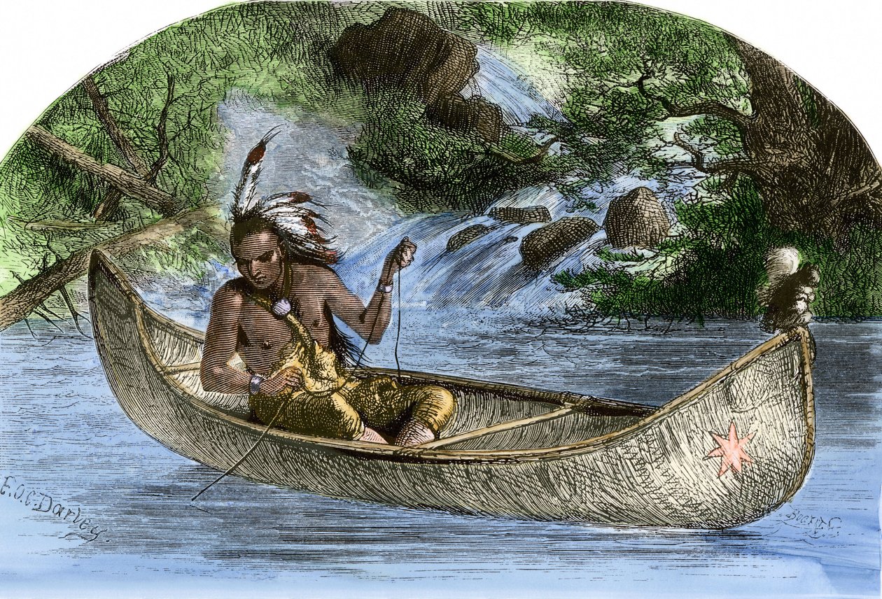 Inheemse bevolking van Amerika: Indianen. Hiawatha aan het vissen in een kano. Kleurgravure uit de 19e eeuw. door Unbekannter Künstler