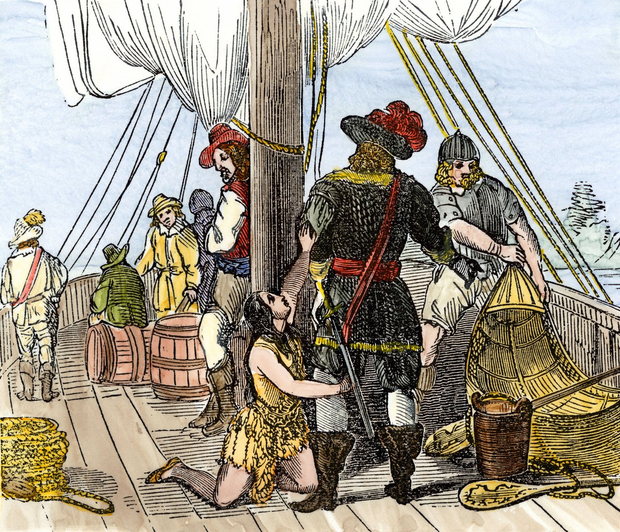 Inheemse bevolking van Amerika: Indianen. Pocahontas gevangen aan boord van een schip uit Jamestown. Kleurgravure uit de 19e eeuw. door Unbekannter Künstler