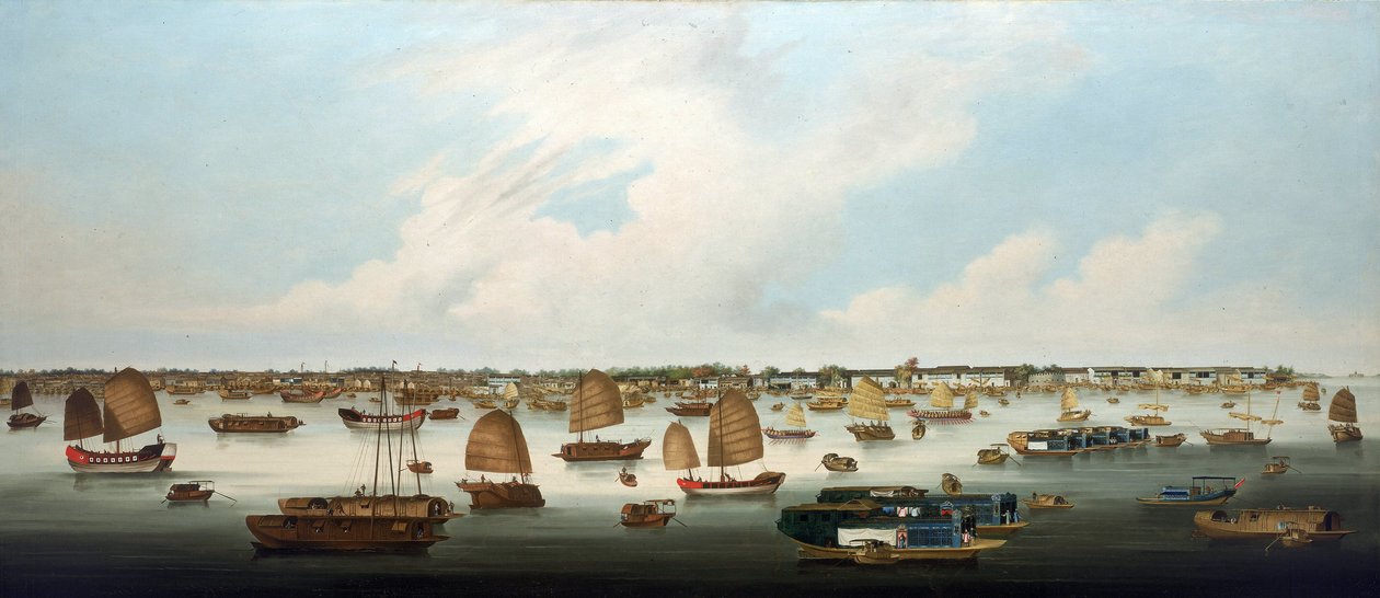 Navigatie op de Pearl River (of Zhu Jiang, Canton River), voor de kust van Henan Island, met een uitzicht op de Europese fabrieken in Canton (China) door Unbekannter Künstler