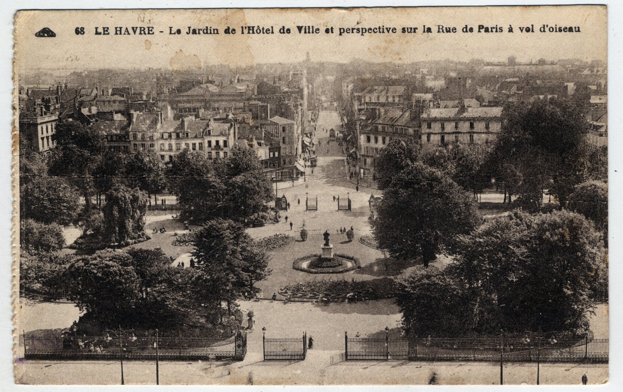 Normandië, Seine Maritime (76), Le Havre: de tuin van het stadhuis en perspectief op de rue de Paris - Ansichtkaart eind 19e-20e eeuw door William M. Timlin