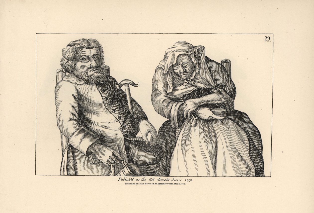 Oude Darby met lege bierpul en Joan met haar tabakspijp. Gravure naar een satirische illustratie van Timothy Bobbin (John Collier) uit Human Passions Delineated, John Haywood, Manchester door Unbekannter Künstler