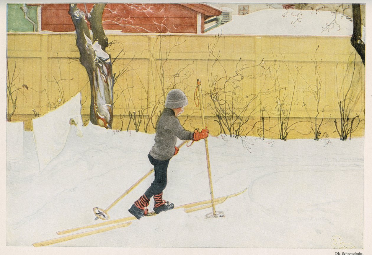 Een van de kinderen van de Zweedse illustrator Carl Larsson (1853-1919) leert skiën. Tekening uit 