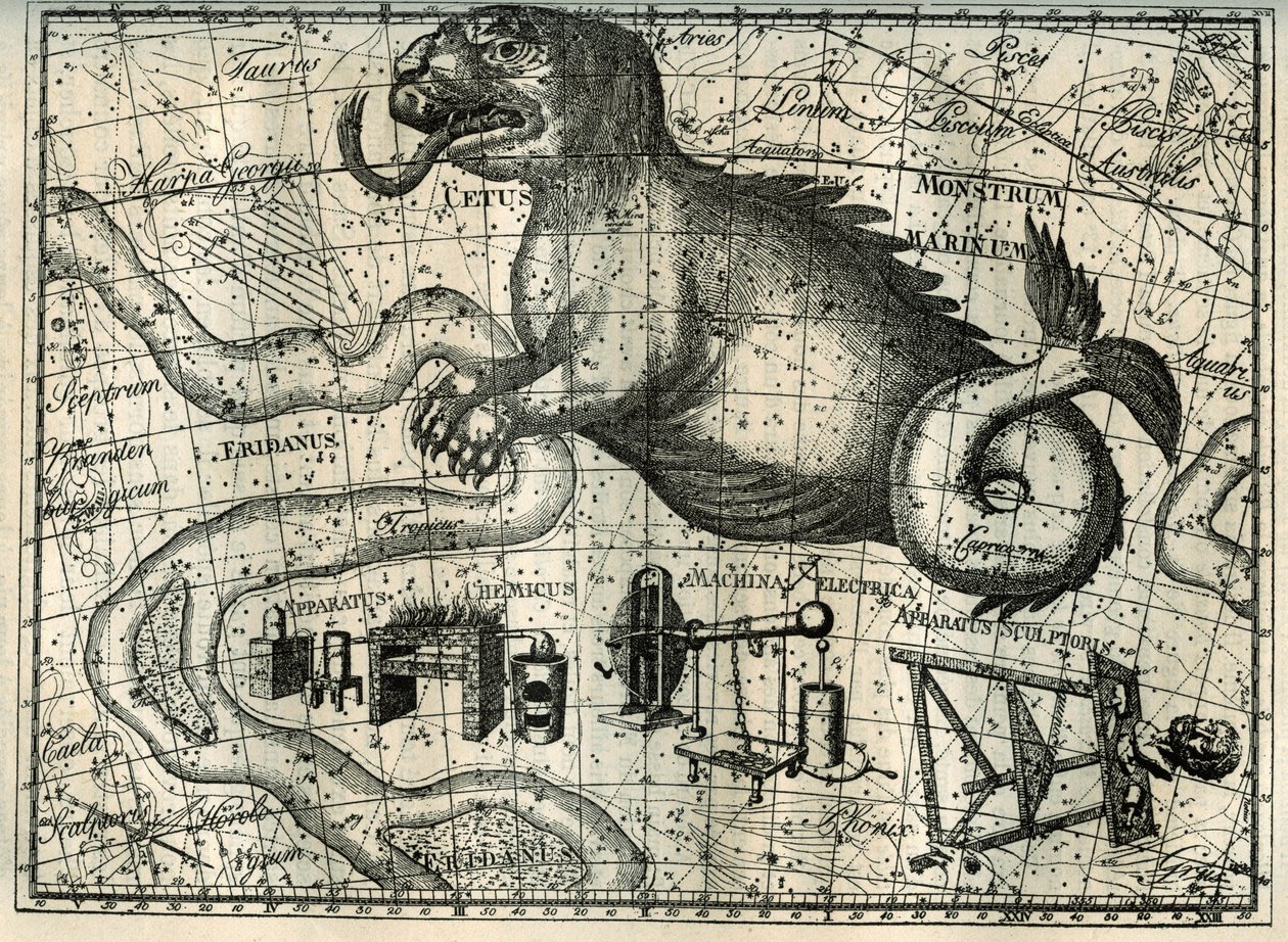 Een van de laatste zuidelijke sterrenbeelden die in Frankrijk zichtbaar zijn, is dat van de Walvis, voorgesteld als een fantastisch dier met een gespleten tong en een lange staart. Ten zuiden van de Walvis bevatten de Hemelkaarten drie moderne sterrenbeeld door Unbekannt