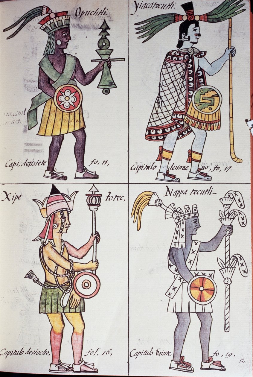 Opochtli, Xipe Totec, Yacatecuhtli en Nappatecutli, pagina uit Florentijnse Codex, versie in Spaans en Nahuatl, Algemene Geschiedenis van de Dingen van Nieuw-Spanje (Historia general de las cosas de Nueva Espana), Azteeks door Benjamin Baud