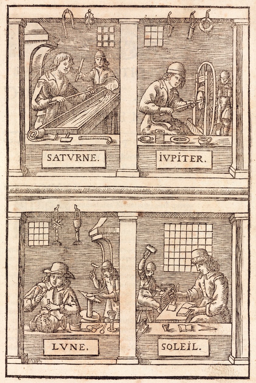 Edelsmeedkunst en alchemistische symbolen: Saturnus en lood, Jupiter en tin, de Maan en zilver, de Zon en goud door Unbekannt