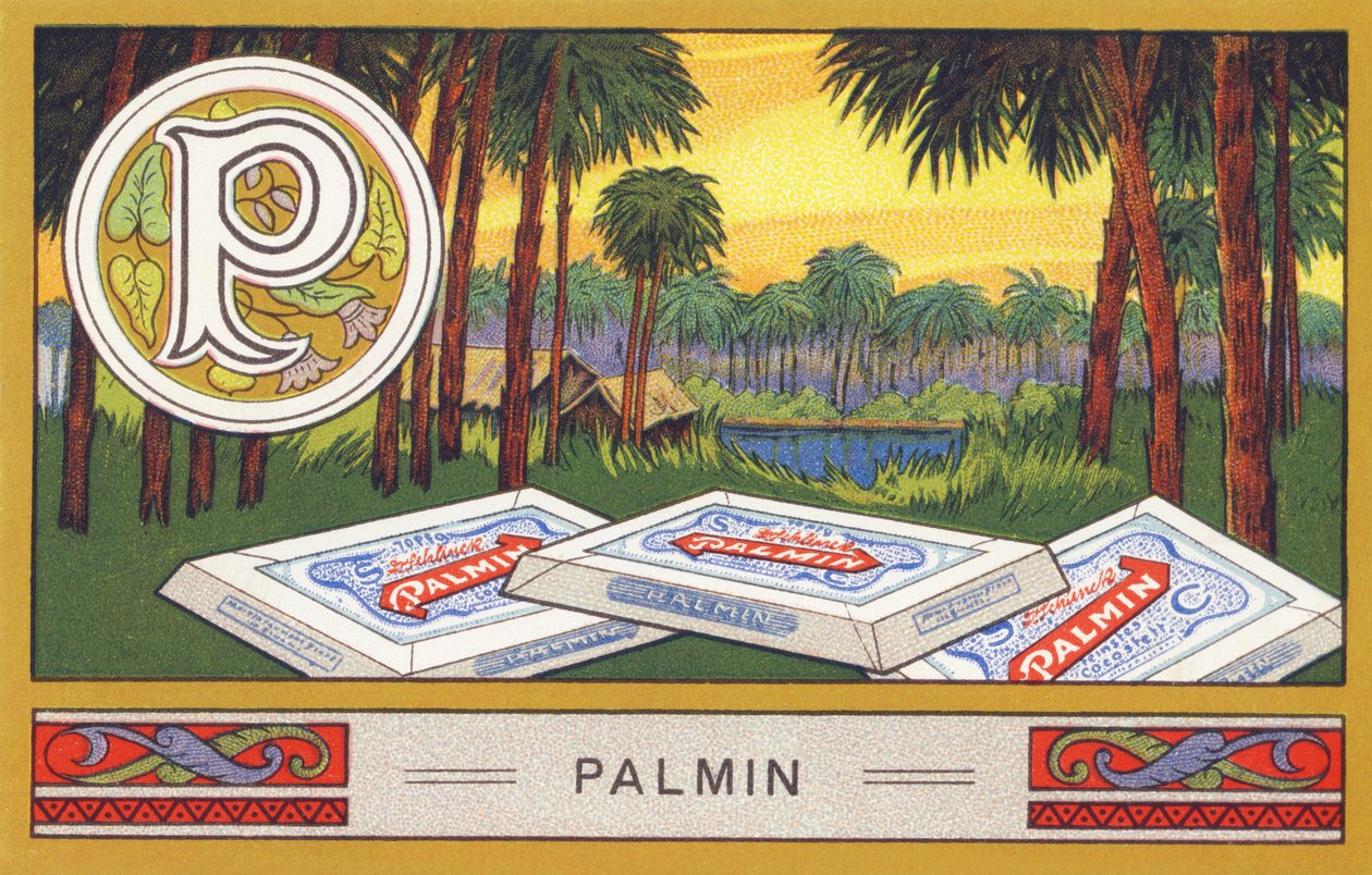 P: Palmin - Alphabet Palmin. Serie chromolithografieën uitgegeven door H. Schlinck & Cie, Hamburg. Reclame voor Palmin fijnste kokosvet. Afmetingen: 7 x 11 cm door William M. Timlin