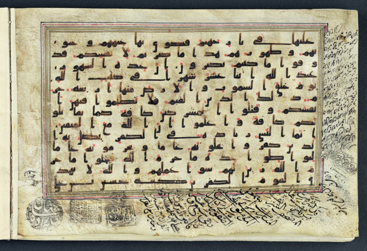 Pagina uit een Koran met Kufisch schrift en diakritische tekens in rood, 9e-10e eeuw door Unbekannt