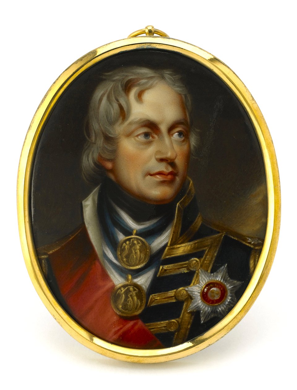 Geschilderde miniatuur, die vice-admiraal Horatio Nelson voorstelt. Gemonteerd op een koperen en emaille hanger, begin 19e eeuw, portret van Henry Pierce Bone door Unbekannter Künstler