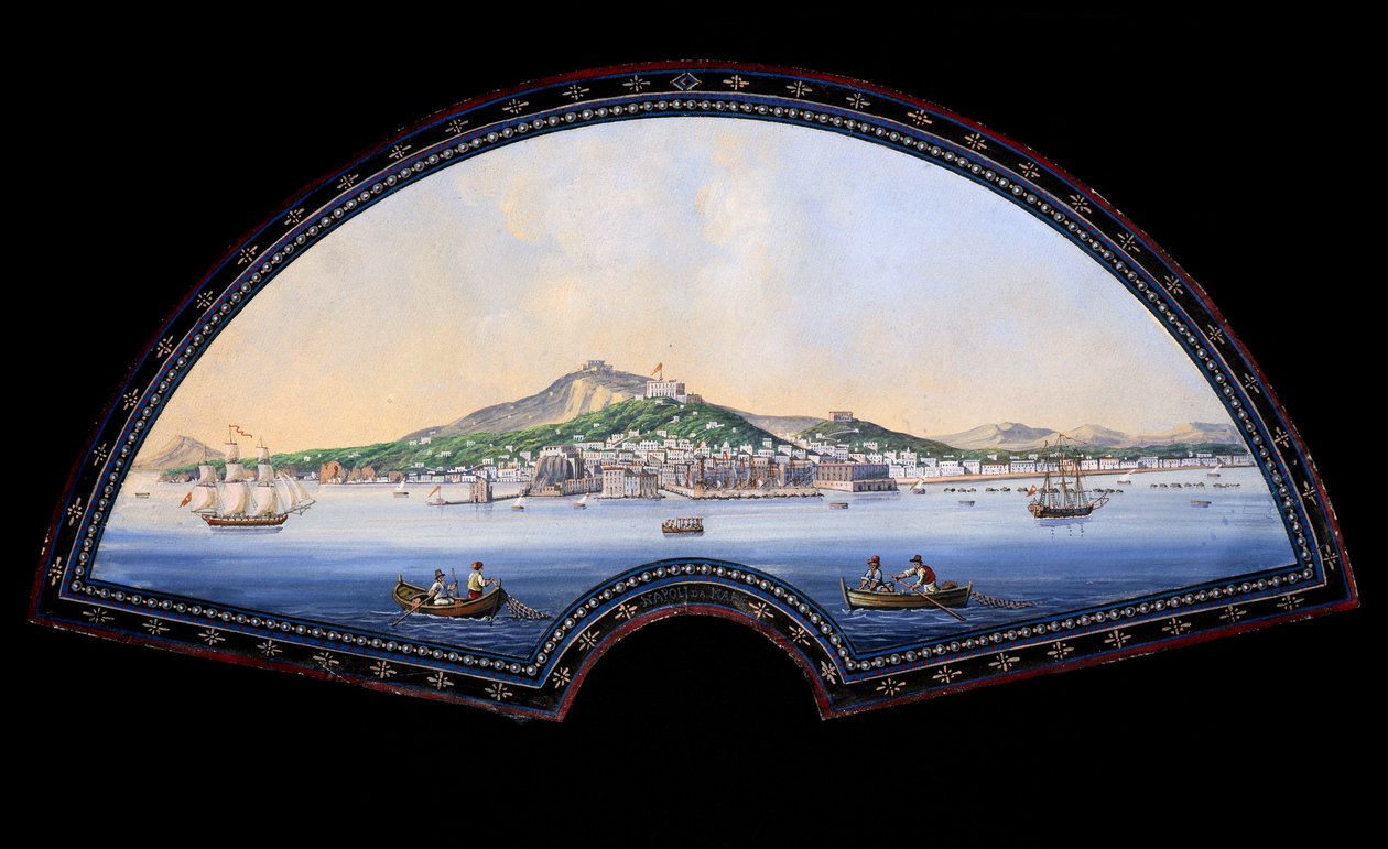 Papieren waaiermodel met een gouache schilderij dat de bestemmingen van de Grand Tour voorstelt, meestal een praktische reis door kunstenaars en intellectuelen van de 18e en 19e eeuw in de mediterrane landen tijdens hun jeugd voor hun opleiding en verrijki door Unbekannt