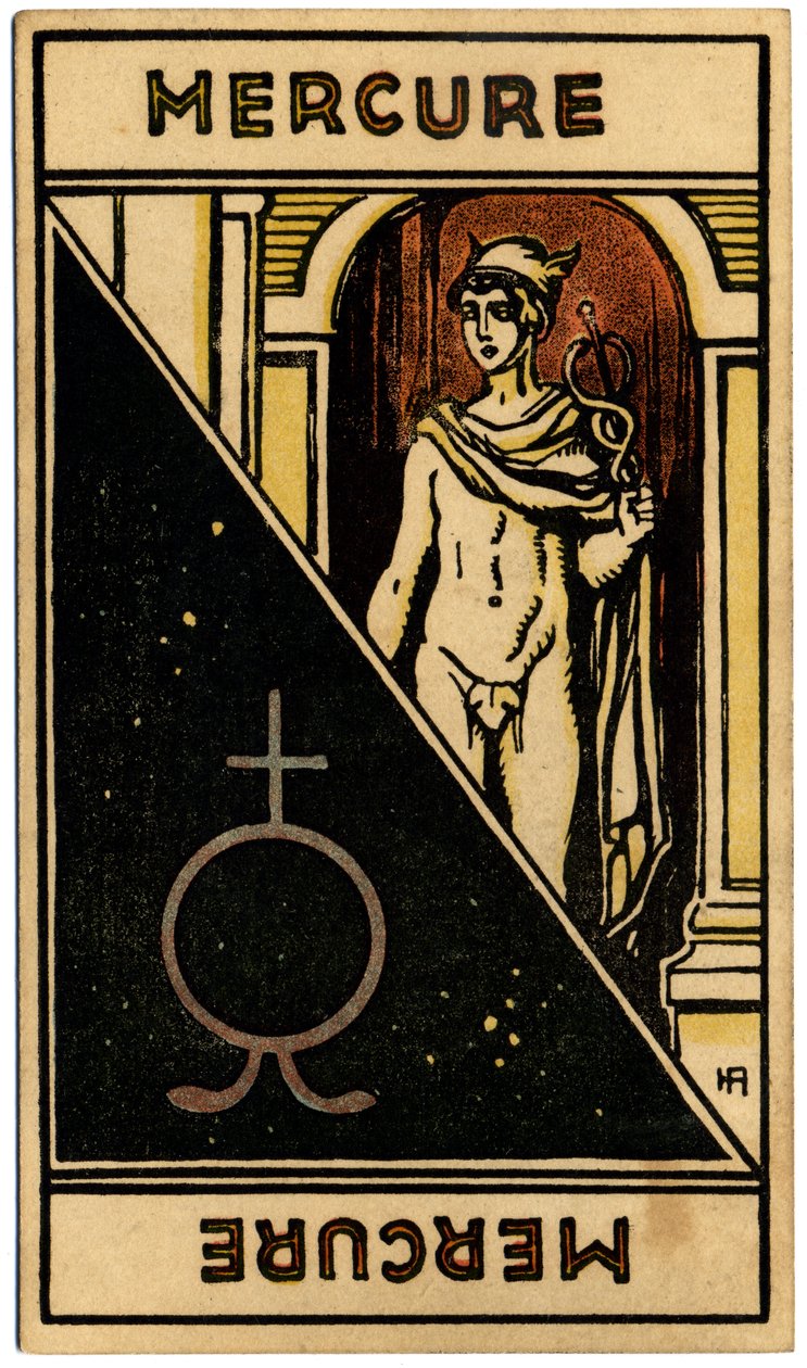 Paranormaal. Astrologie. Mercurius (planeet). Astrologische kaart uit: Le Tarot Astrologique, door Georges Muchery, Frankrijk door Unbekannter Künstler