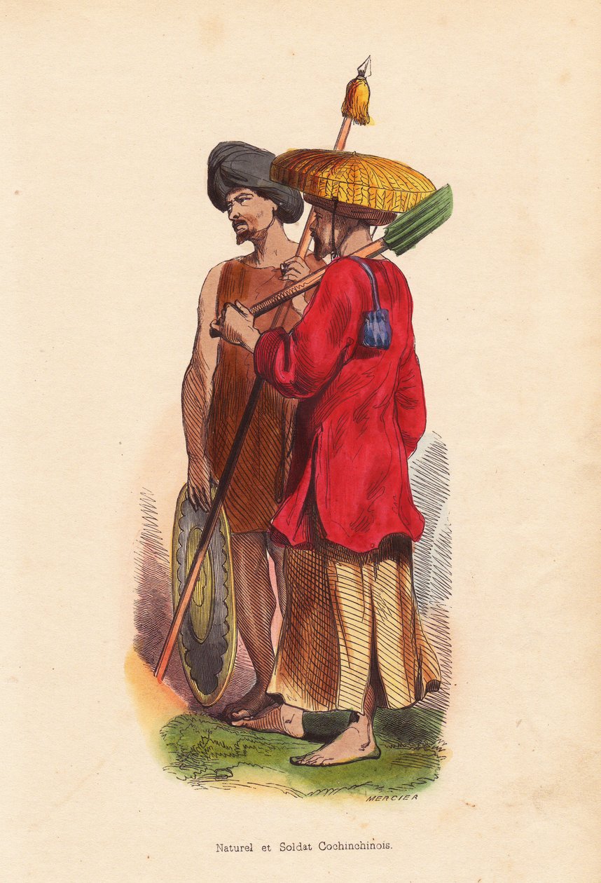 Boer en soldaat uit Cochinchina (Vietnam) - Mannen uit Vietnam (Cochinchina): soldaat met tulband, schild en speer, en boer met strohoed, tuniek en schop - Handgekleurde houtsnede door Mercier uit “Moeurs, Uses et Costumes de tous les Peuples du Monde, As door Unbekannter Künstler