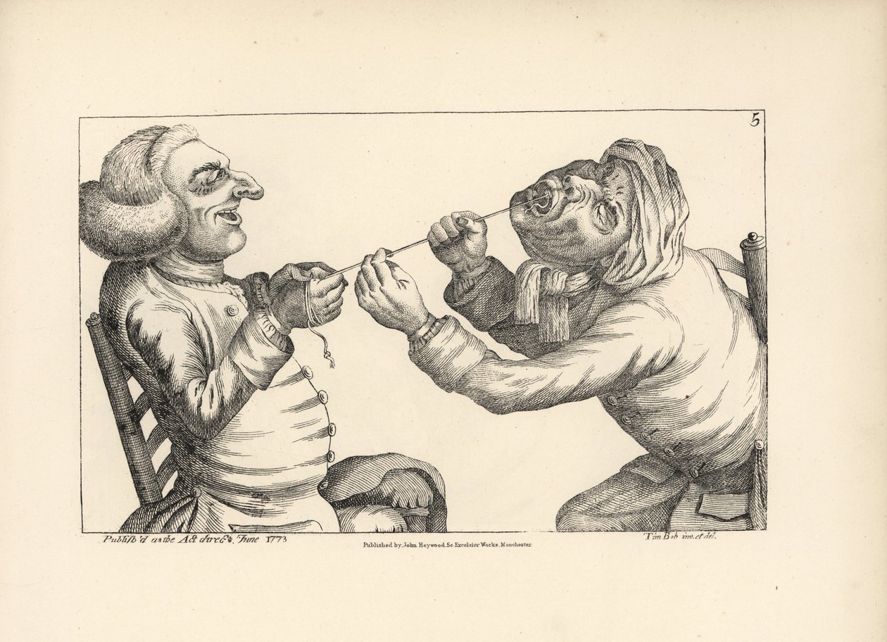 Arts lachend terwijl hij een tand van een patiënt trekt met een touwtje. Kopergravure naar een satirische illustratie van Timothy Bobbin (John Collier) (1708-1786) uit 