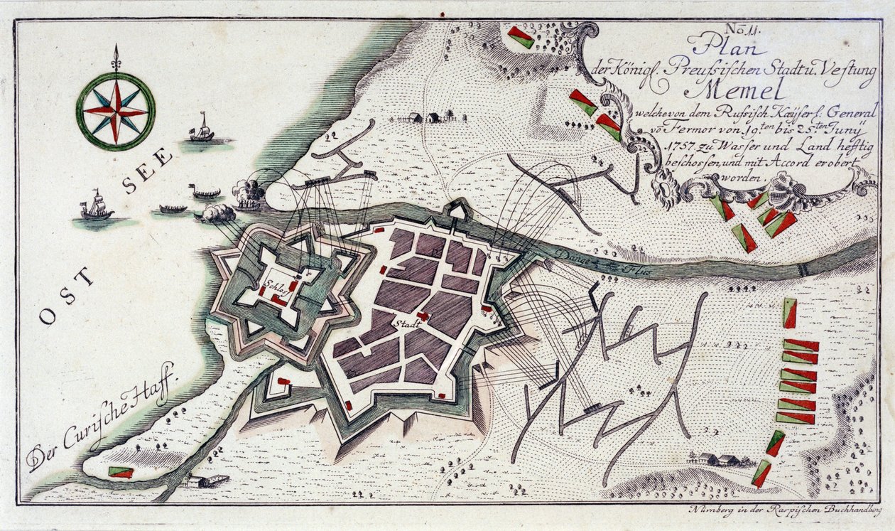 Plan van Memel (het huidige Klaipeda, Litouwen), tijdens de overgave van de stad, 27 juni tot 5 juli 1757. Kleurgravure uit 1764 door Unbekannter Künstler