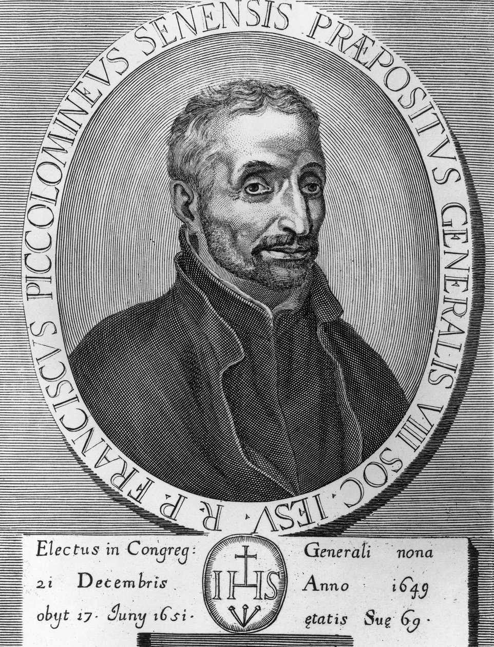 Portret van Francesco Piccolomini (1582-1651), Italiaanse jezuïet, was generaal-overste van de Sociëteit van Jezus van 1649 tot 1651, gravure door William M. Timlin