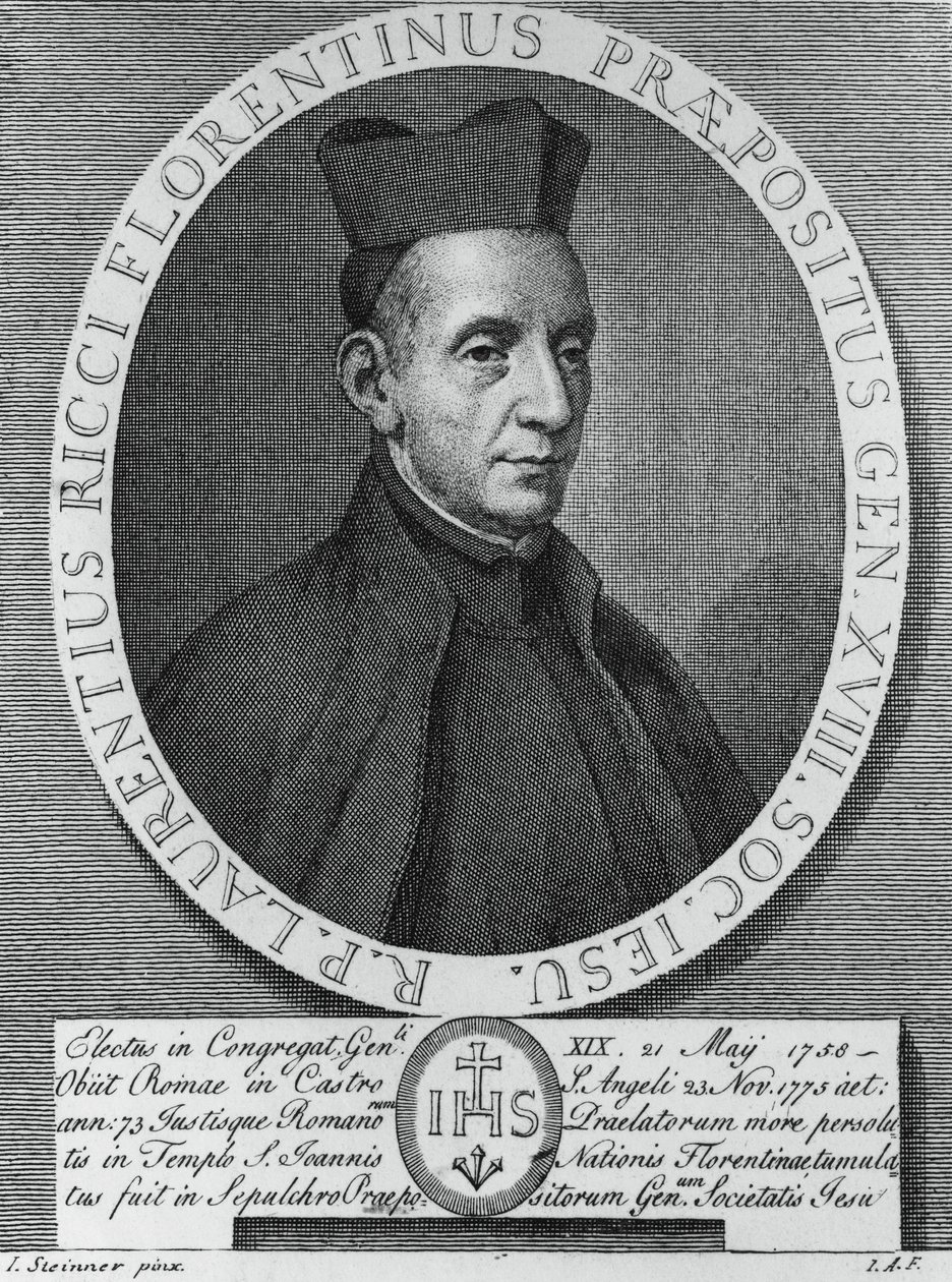 Portret van Lorenzo Ricci, Italiaanse jezuïet en 18e generaal-overste van de Sociëteit van Jezus, gravure door William M. Timlin