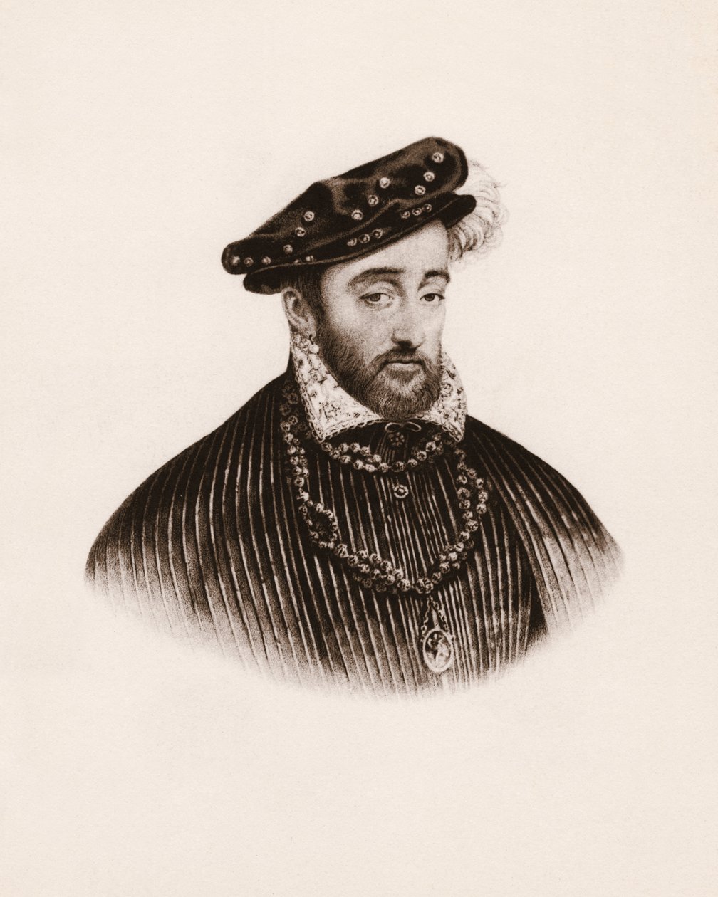 Portret van de koning van Frankrijk Hendrik II. Gravure uit de 19e eeuw door Unbekannter Künstler