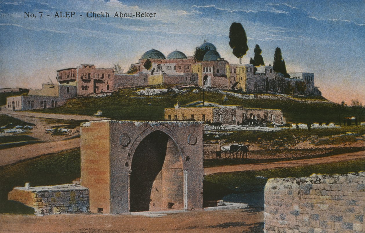 Ansichtkaart van de Shaykh Abu Bakr-moskee in Aleppo, Syrië, ca. 1920 (kleur fotolitho) door Unbekannt