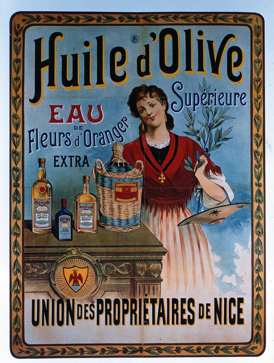 Poster die olijfolie uit Nice, Frankrijk adverteert door Unbekannter Künstler