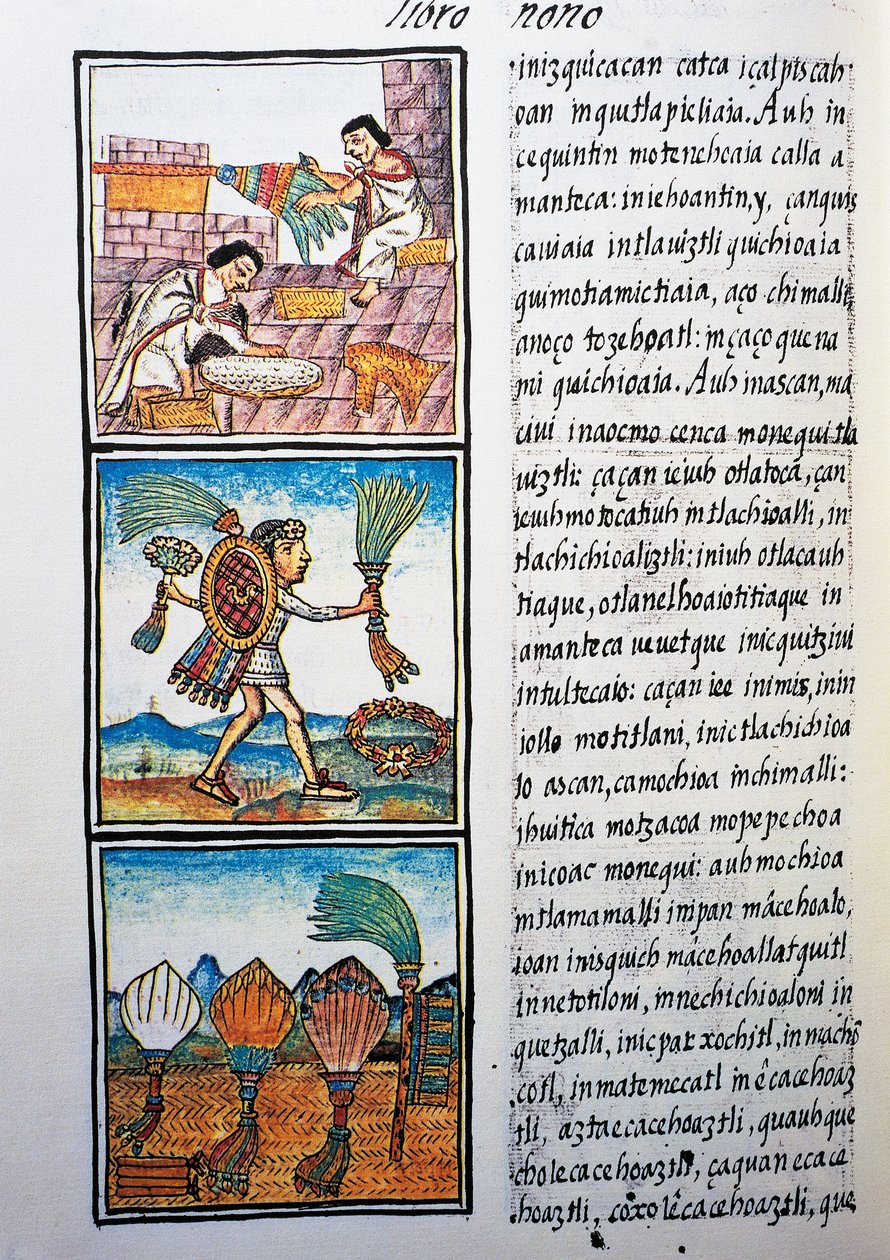 Verenverwerking, tekst in Nahuatl, uit facsimile van manuscript Algemene Geschiedenis van de Dingen van Nieuw-Spanje, ook bekend als Florentijnse Codex, door Bernardino de Sahagun door William M. Timlin