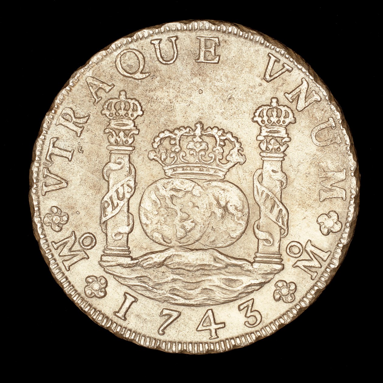 Zeldzame zilveren munt, Spaans Amerika Koning Ferdinand VI, 8 Reale, Zuilen van Hercules op de Straat van Gibraltar met globes, kroon door Unbekannter Künstler