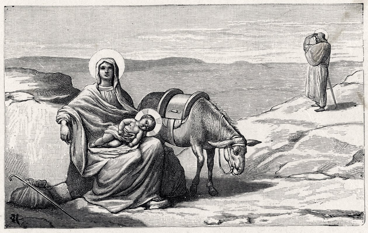 Rust tijdens de vlucht naar Egypte. Alfabet van het kindje Jezus. Uitgave van 1932. Houtsneden gesigneerd H G. Privécollectie door Unbekannt