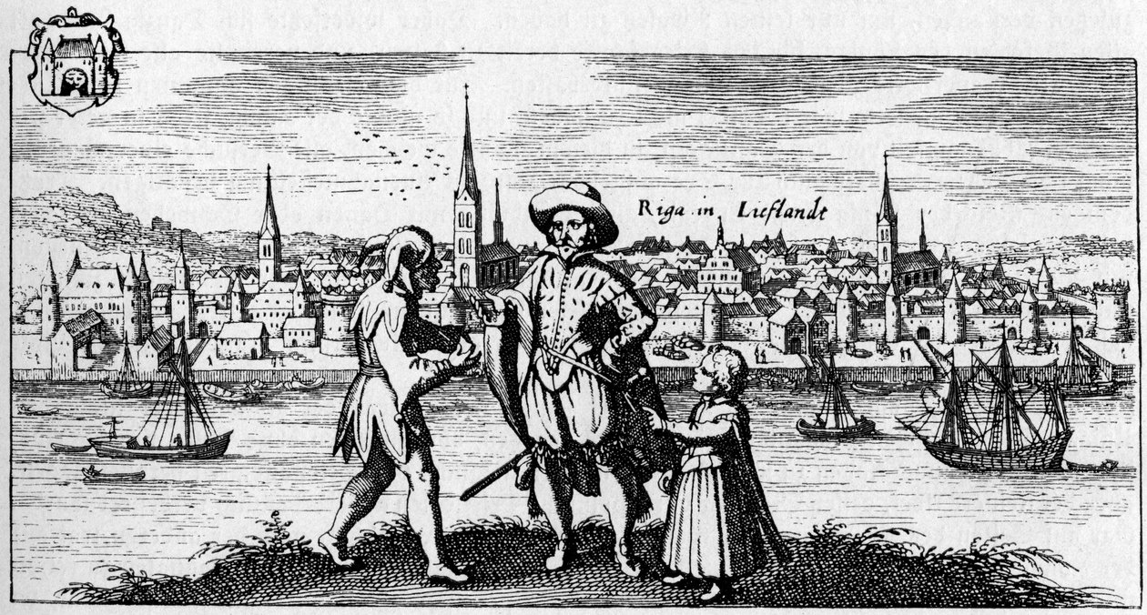 Riga - uitzicht op de stad aan de oever van de rivier Daugava, ca. 1700 door Unbekannter Künstler