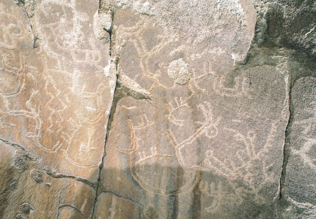 Rotstekeningen in de Hunza-vallei, nabij het archeologische gebied van Karimabad, Pakistan door Benjamin Baud