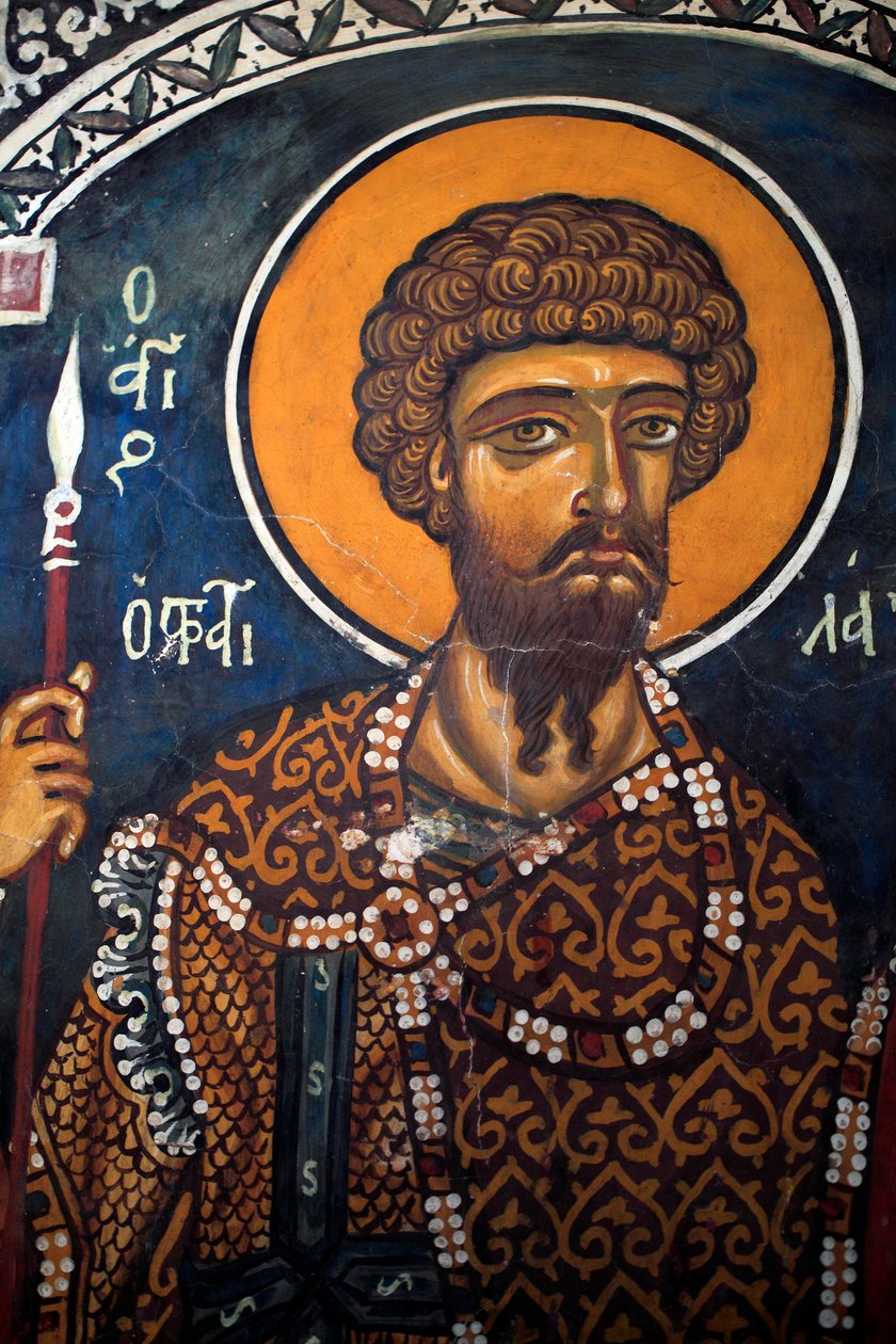 Sint Theodoor Statelates: Byzantijnse fresco uit de 14e eeuw (1332) Phorbiotissa Maagd kerk, Asinou Cyprus Geschilderde kerken UNESCO site Troodos, Cyprus door Unbekannt