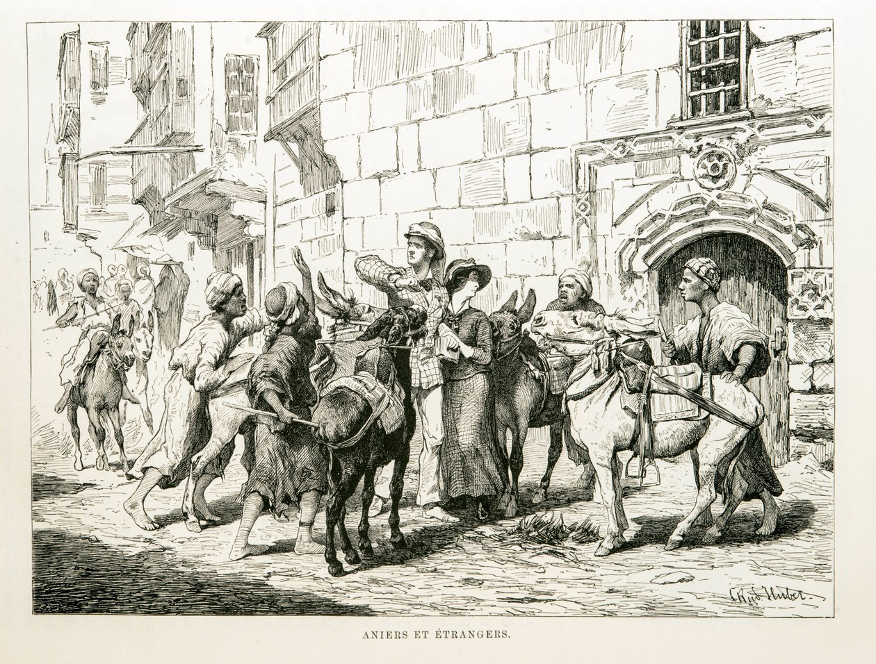 Satirische tekening die westerse toeristen omringd door ezels en hun drijvers afbeeldt - Illustratie uit de Atlas van Egypte door Unbekannt
