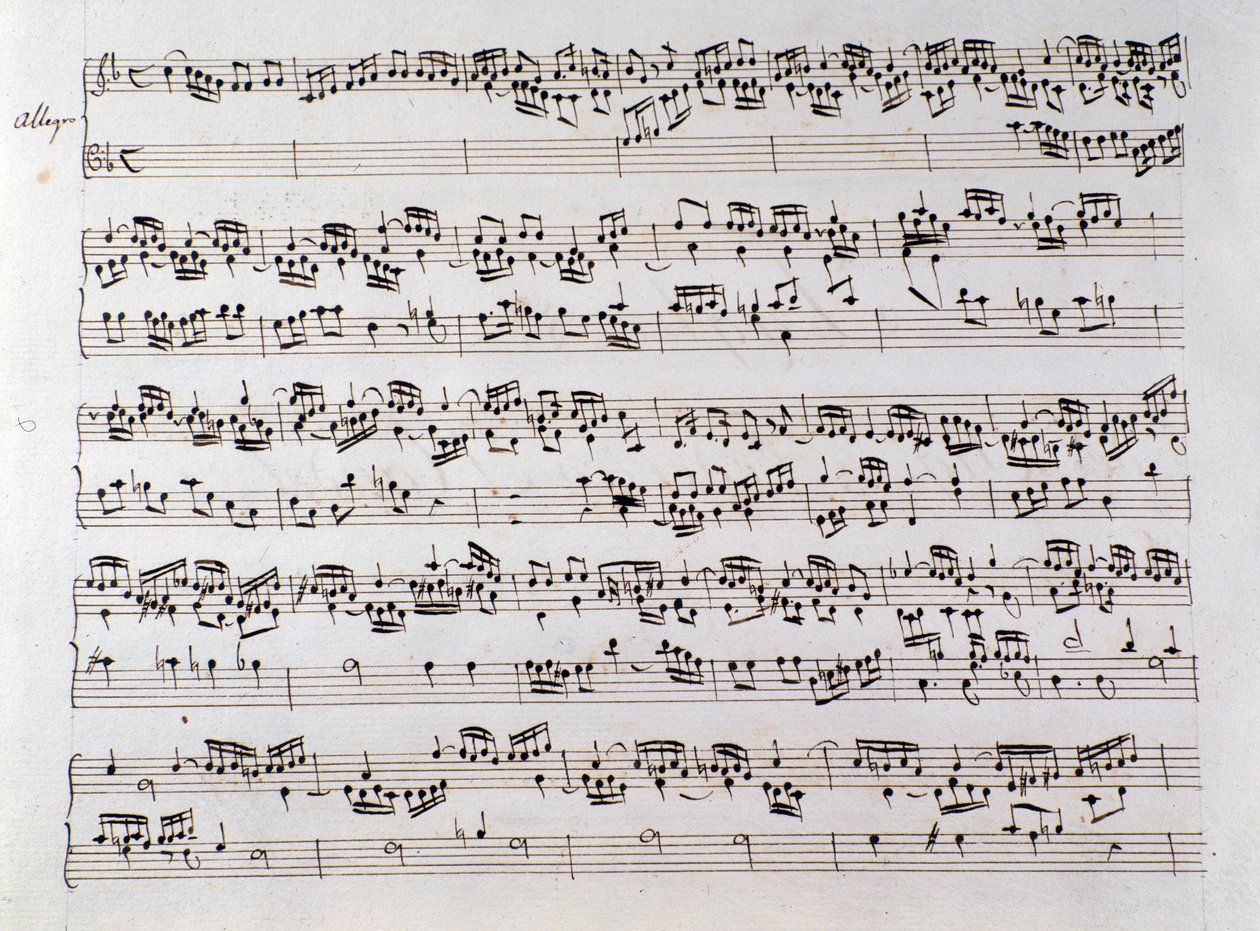 Bladmuziekpagina voor Händels Fuga uit een manuscript met twee werken door Domenico Scarlatti en Friedrich Handel door Unbekannter Künstler